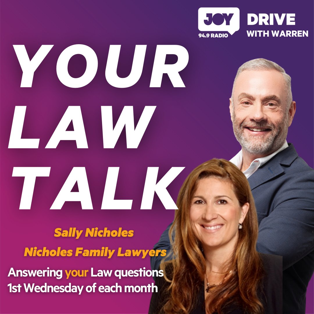 nicholes_law's tweet photo. Today at 4:35pm on @JOY949 Drive radio's “Your Law Talk”, @nicholes_law Managing Partner @sally_nicholes will discuss the relationship benefits of Binding Financial Agreements (BFAs), also known as prenups, with @Warren_Joy949 #auslaw #familylaw #bindingfinancialagreement #prenup https://t.co/zKuL9N4FPP