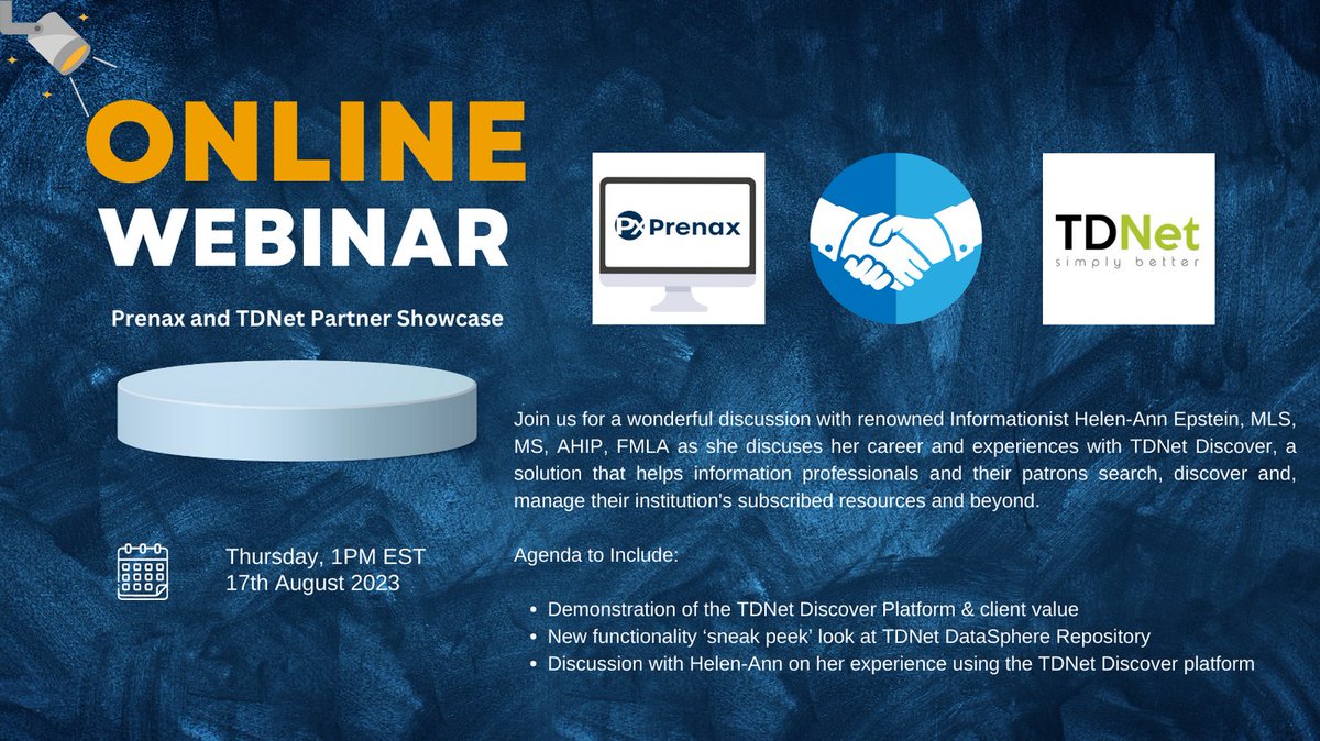 TDNet Info-Leaders Podcast & TDNet Updates (@librarytdnet) on Twitter photo Join us for a fantastic interview/webinar for information professionals! See invitation for details. <a href="/medlibassn/">Medical Library Assn</a>, <a href="/slahq/">SLA</a>, <a href="/alalibrary/">American Library Association</a>
Register here: bit.ly/45cdOwa Join us for a fantastic interview/webinar for information professionals! See invitation for details. <a href="/medlibassn/">Medical Library Assn</a>, <a href="/slahq/">SLA</a>, <a href="/alalibrary/">American Library Association</a>
Register here: bit.ly/45cdOwa