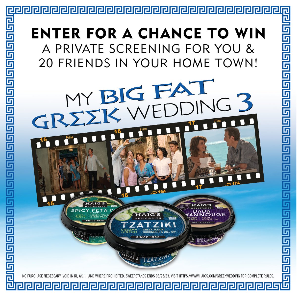 HaigsDelicacies's tweet photo. BIG NEWS MOVIE FANS! Win a PRIVATE SCREENING of @mbfgreekwedding 3! Watch the hilarious Portokalos family reunion in Greece with 20 of your loved ones at a theater in your hometown in September. Plus, a Big Fat Greek After-Party at home with Haig's dips! Only in theatres 9/8. https://t.co/jNM7sNVJFk