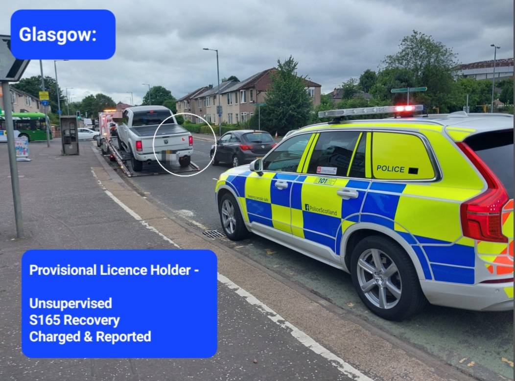 PSOSRoads's tweet photo. #GlasgowRP spotted this driver cruising around earlier. 

Unfortunately, being alone, in an American Icon and displaying "L" plates attracted our attention!

It didn't turn out well for him ...

Charged ✅️
Reported ✅️
#S165 Seizure ✅️

It's simple advice... #dontriskit https://t.co/VgqJU6lrMo