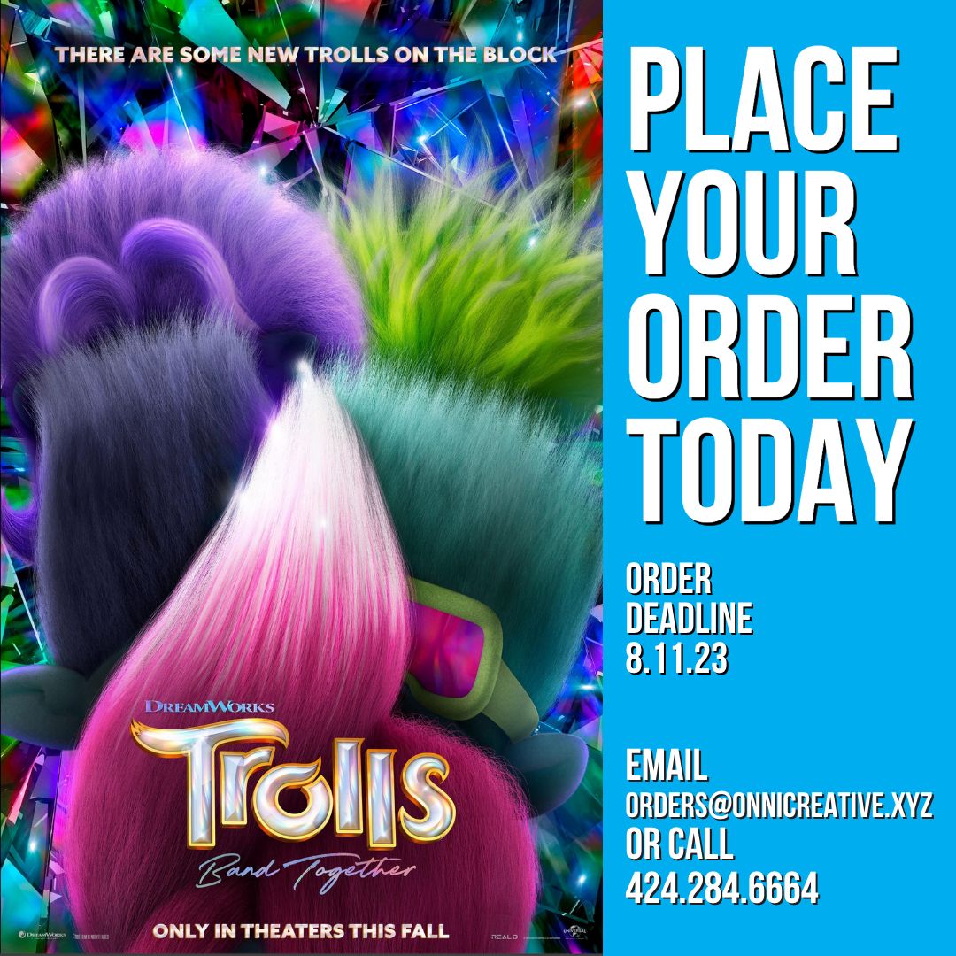 onni_creative's tweet photo. Calling all theaters! The deadline for #TrollsBandTogether concessions is approaching. Don't miss out on this troll-tastic experience🎢 Order your concessions today!

ORDER HERE: https://t.co/n9fUYWtfza

#Trolls #Trolls3 #Dreamworks #MovieTheater #Concessions #Cinema https://t.co/MB7t8vb8gL