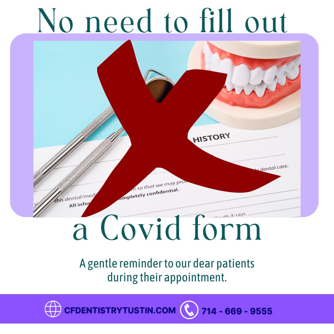GOODNEWS! 
As of today, August 1, there is no need to fill out the COVID form before your appointment.
 We look forward to seeing your smiling faces soon!

#COVIDFormUpdate #YourSafetyMatters #DentalCare #SmoothAppointment