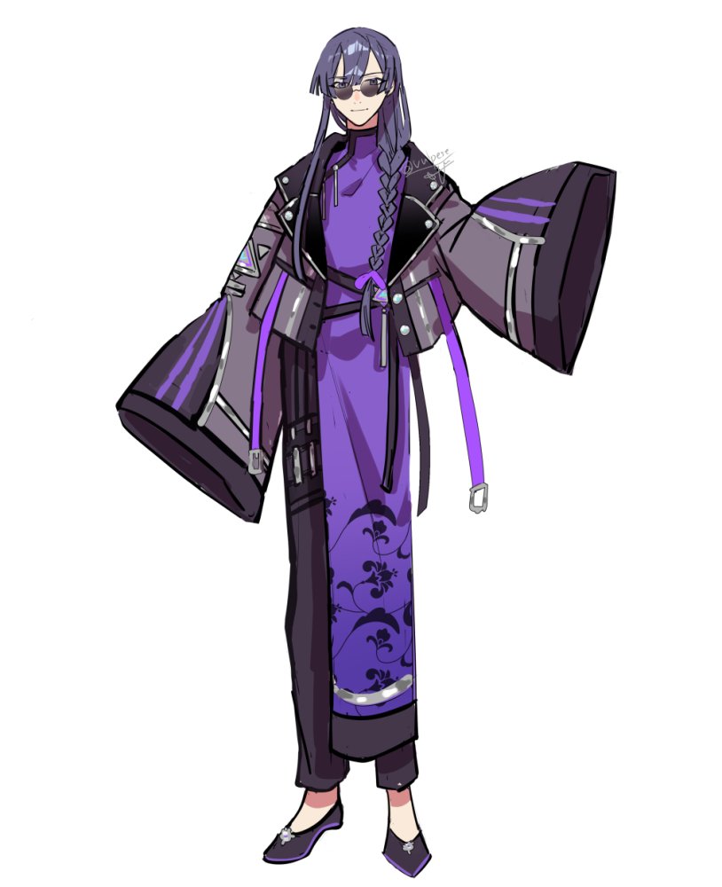 raiden shogun solo purple hair braid long hair sunglasses sleeves past fingers sleeves past wrists  illustration images