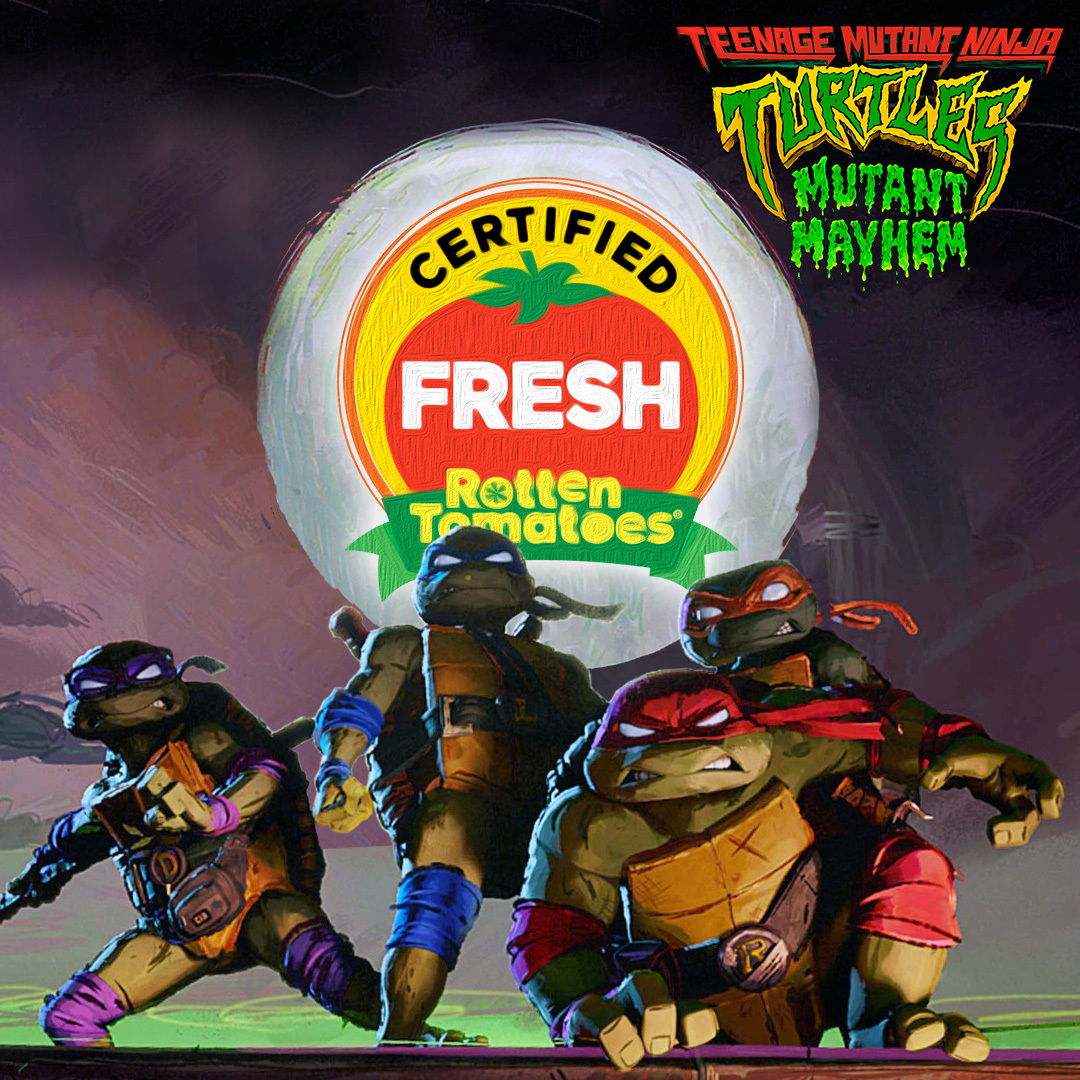 TMNTMovie's tweet photo. shell yeah! we're #CertifiedFresh on @RottenTomatoes. 💚 gather your turtle crew and get tickets to see Teenage Mutant Ninja Turtles: #MutantMayhem now playing in theatres everywhere. #Toozeday #TMNTMovie https://t.co/ysUtySWkv1 https://t.co/7d1L6SvHF4