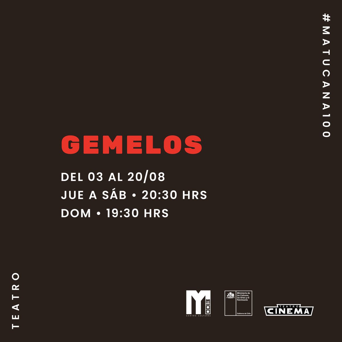 #Matucana100 | 🎭Este 03/08 tenemos una destacada obra a cargo de TeatroCinema 'Gemelos'. El montaje nos presenta a 2 hermanos que se mudan con su abuela durante la Gran Guerra y que, tras el abandono y abuso por parte de ella, inician un proceso de autoeducación y supervivencia.