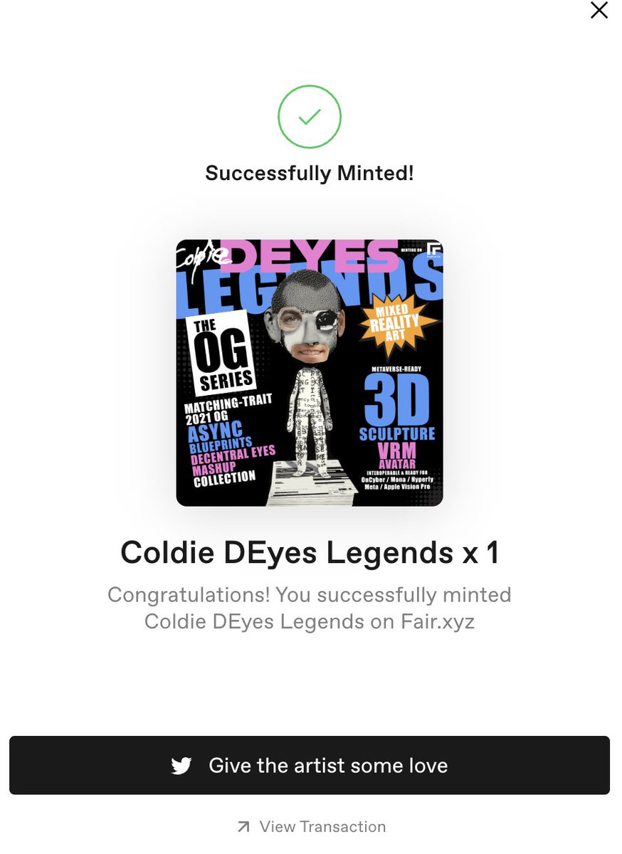 Coldie's tweet photo. Im not only the artist, I'm also a collector....
Love the minting experience of @fairxyz
PHASE 1 Open for current #DEyes holders for the next week, then it goes to public mint.
Mint now at:
https://t.co/gei3bRAro6 https://t.co/f1b0wOvFdz