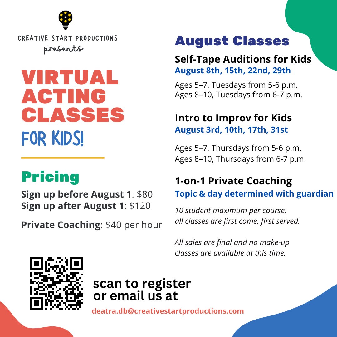 CreativeStartP's tweet photo. 🎭🌟 Calling all young performers and aspiring actors! 🌟🎭

Unleash your creativity and step into the spotlight with Creative Start Productions' NEW Virtual Acting Classes for Kids! 🎬🎉

📆 Don't miss out on this incredible opportunity! Enrollment is open now! https://t.co/SOLU2rafeo