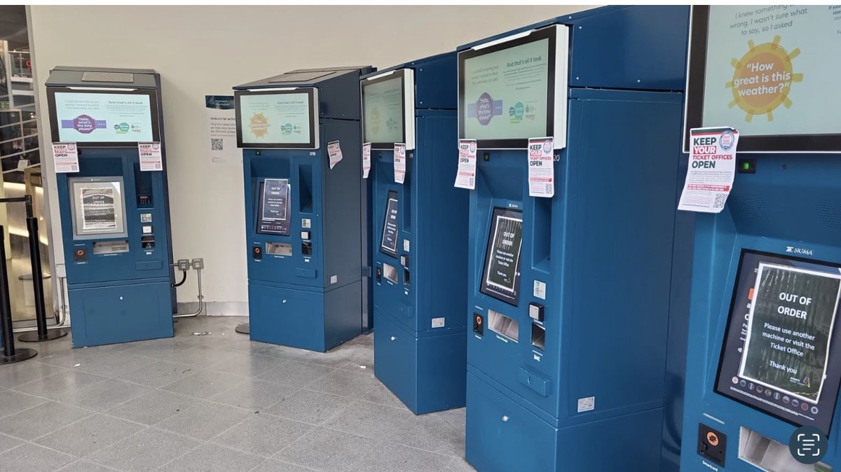 RMTunion's tweet photo. Modernise, Modernise, Modernise! 
All the ticket vending machines are out of order at Manchester Piccadilly today, but we don't need ticket offices!
#SaveTicketOffices https://t.co/VcfSa0vaqK