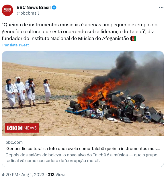 fraslee's tweet photo. Para virar notícia na BBC, mal consigo supor a "cultura" que o Talibã está queimando. https://t.co/33U6WuDMQA