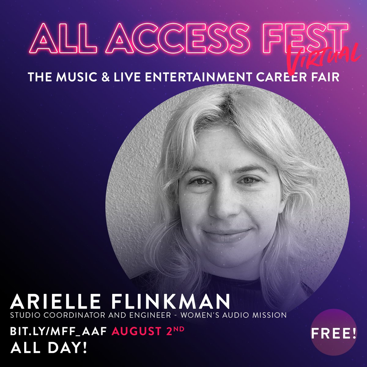 womensaudio's tweet photo. THIS WEDNESDAY, August 2, WAM's Studio Facilities Coordinator, Arielle Flinkman, will speak virtually at @musicforward’s #ALLACCESSFEST for high school + college students who want to break into the #musicindustry!
AND IT’S FREE! ✨
https://t.co/H9HERsV4Au https://t.co/33SzsO2ZzJ