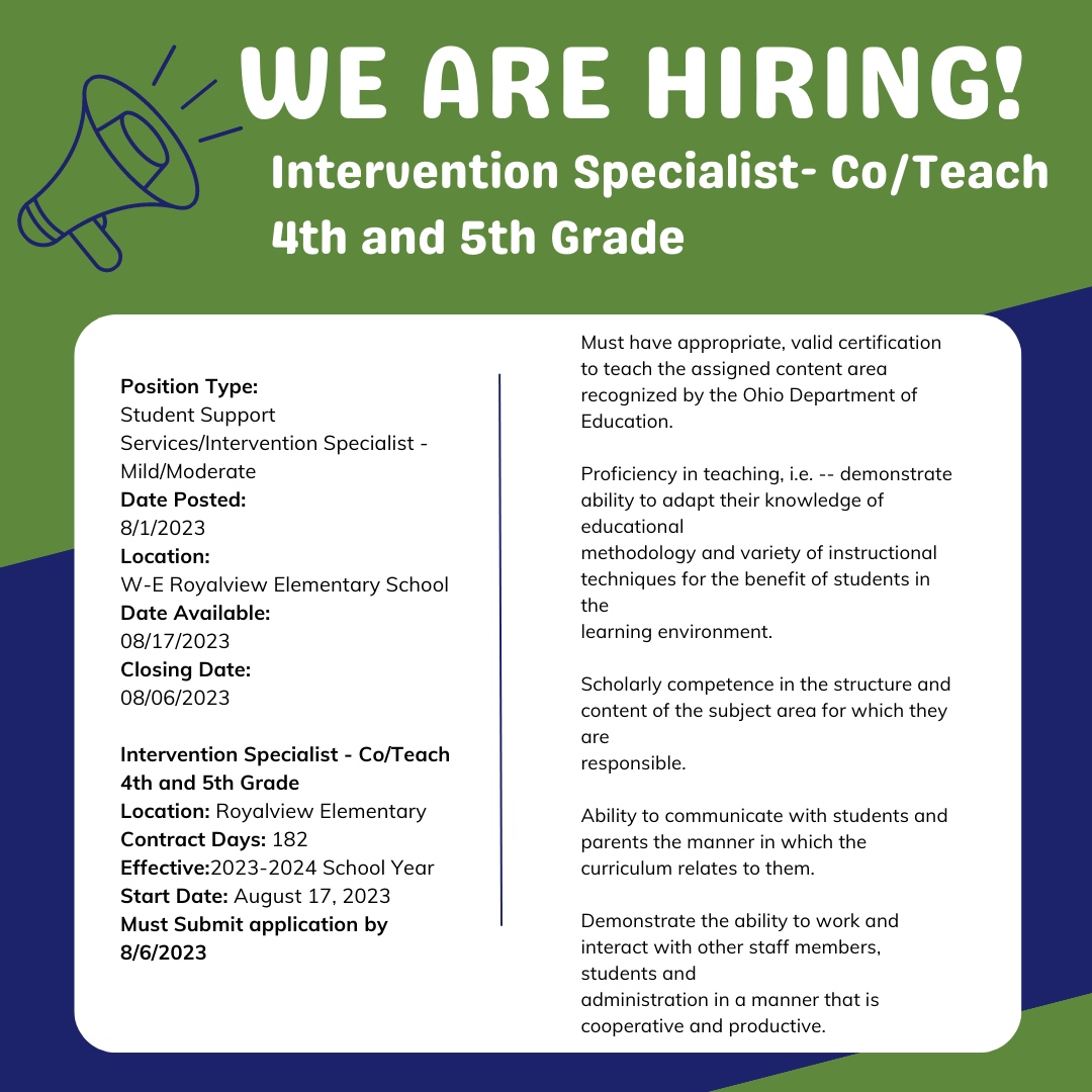 We are hiring an Intervention Specialist! If you think you or someone you know may be a good fit visit our district page to learn more! #WeBelong