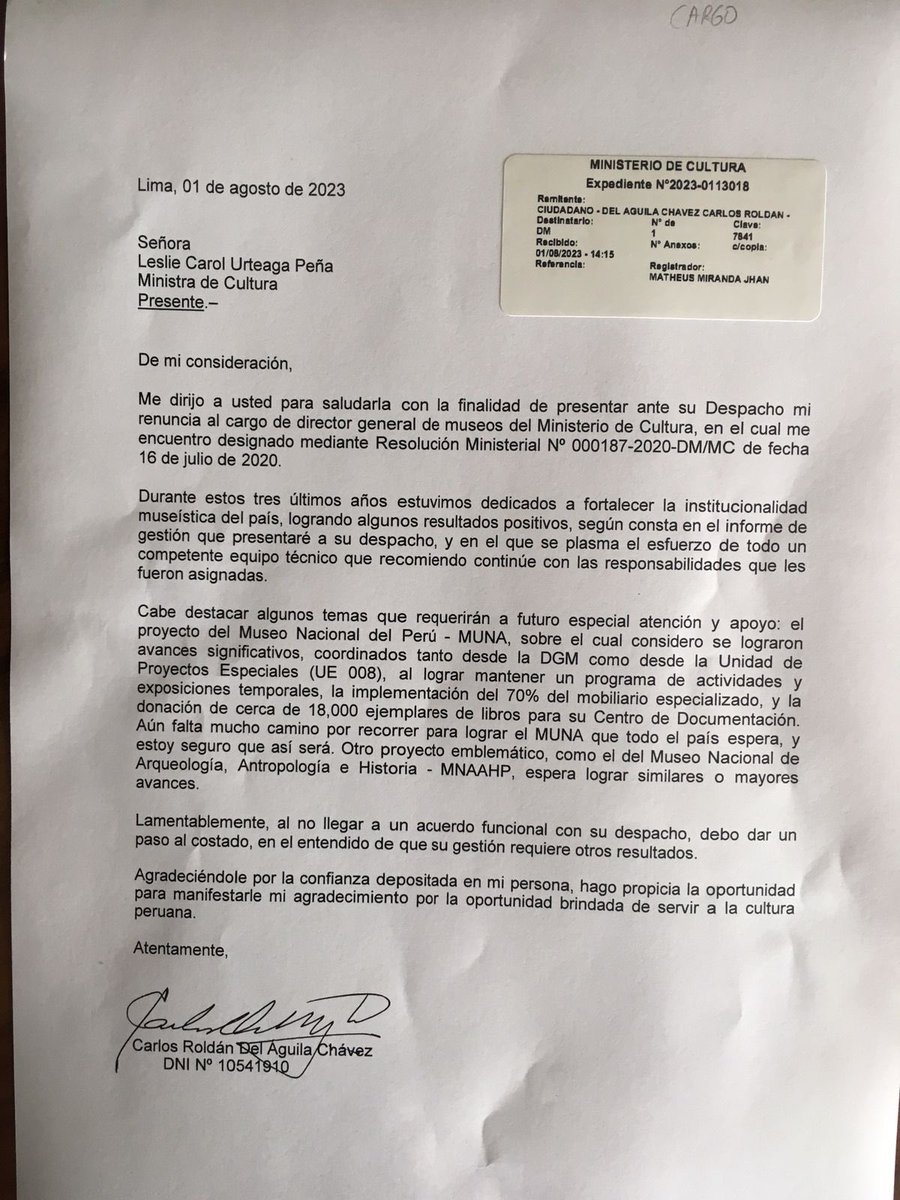 jsudaka's tweet photo. El director general de Museos del @MinCulturaPe, Carlos Roldán del Águila, renunció al “no llegar a un acuerdo funcional” con el despacho de la ministra Leslie Urteaga. https://t.co/30afCWuXxY