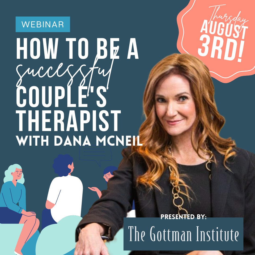drdanamcneil's tweet photo. Unlock the secrets of successful couple's therapy with this upcoming webinar! Hosted by yours truly and presented by The Gottman Institute, join us this Thursday for a game-changing session. Register now through the link in my bio. Spaces are limited! #thegottmanmethod https://t.co/rdvGO6Ko01