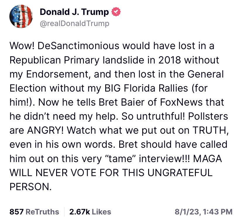 SaveLibertyUS's tweet photo. 💥💥 President Trump calls out DeSantis’s lies
#Trump2024 #DeSantisfiles https://t.co/9JVSUZJgms