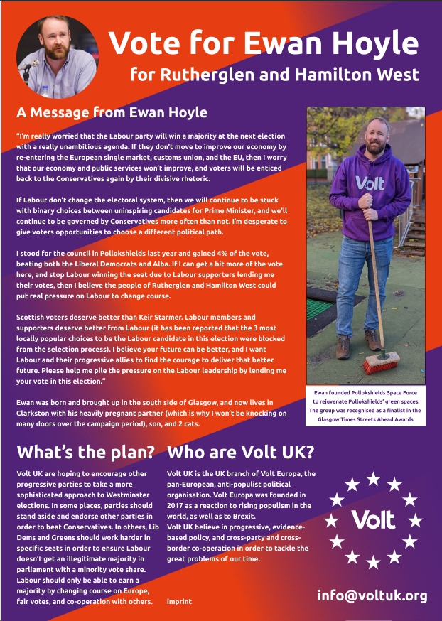 Excited to announce I'll be the <a href="/UkVolt/">Volt UK</a> candidate for Rutherglen and Hamilton West. This is the party's first Westminster candidacy, and we're running to make a difference. We're asking Labour voters to send a message to <a href="/Keir_Starmer/">Keir Starmer</a> to change his tune on #RejoinEU &amp; #GetPRDone