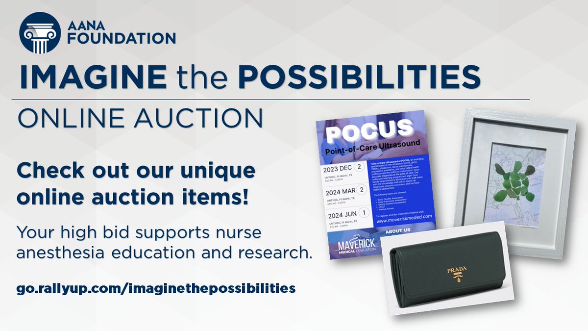 Be the first to check out our Imagine the Possibilities Online Auction! Your high bid supports nurse anesthesia education and research. Visit go.rallyup.com/imaginetheposs… to place your bids today! #AANAFoundation #onlineauction #fundraiser #AANA