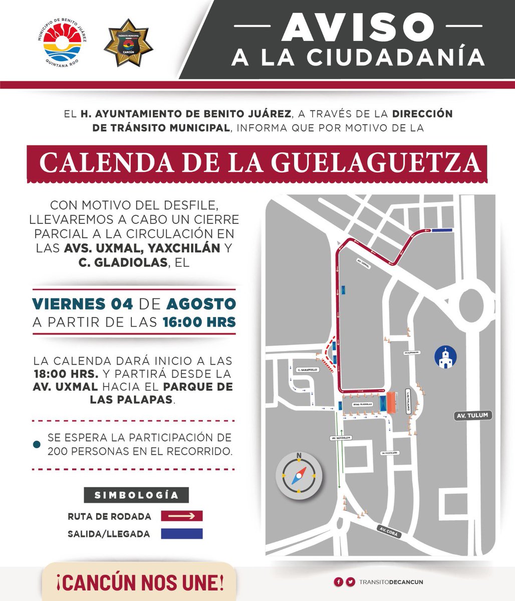 AVISO 🚨

El Ayuntamiento de Benito Juárez, a través de <a href="/TransitoBJ/">Tránsito de Cancún</a> , informa el operativo vial por la Feria de la Guelaguetza.

¡Toma tus precauciones! ⚠️