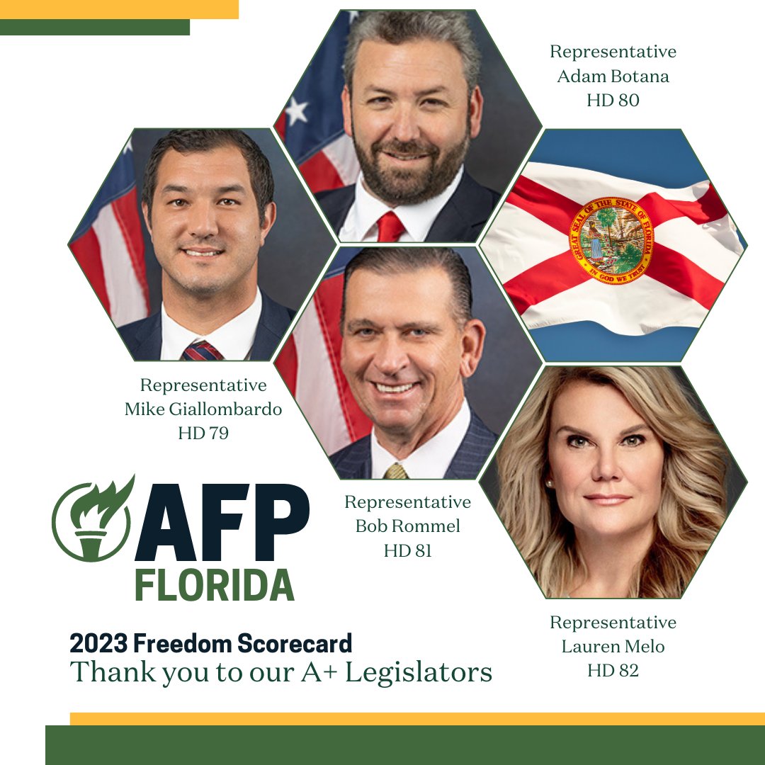 AFPFlorida's tweet photo. Thank you, Florida State Representatives @MikeGiallombar3, @headboatwasher, @bob_rommel, and @LaurenMeloFL for being A+ champions during the transformative 2023 Legislative Session! They are strong advocates for freedom in Florida. #FlaPol #2023session #afpfl #floridascorecard https://t.co/QxIl6vkvnS