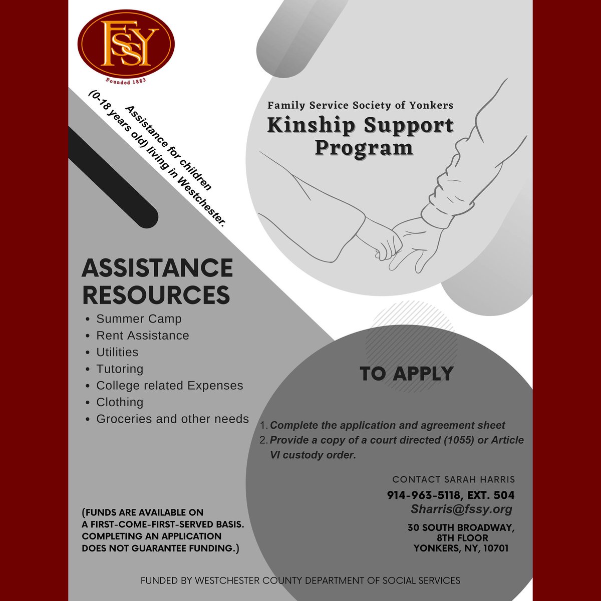Grandparents or other relatives raising children in #WestchesterCounty may qualify for financial assistance thanks to a grant from the Westchester County Department of Social Services being administered by <a href="/fssyny1/">Family Service Society of Yonkers</a>. More info in attached fliers.