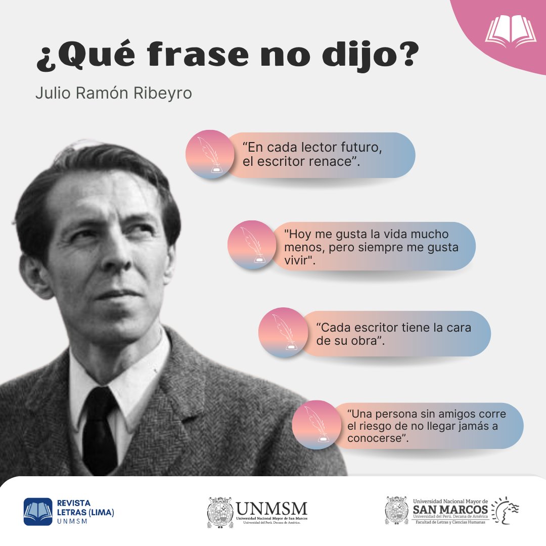 #JuegaConLetras || ¿𝐐𝐮𝐞́ 𝐧𝐨 𝐝𝐢𝐣𝐨?🤔
En esta oportunidad te retamos a que adivines "¿qué no dijo... Julio Ramón Ribeyro?
👇Coméntanos
#Juego #Literatura #Adivina #JulioRamonRibeyro