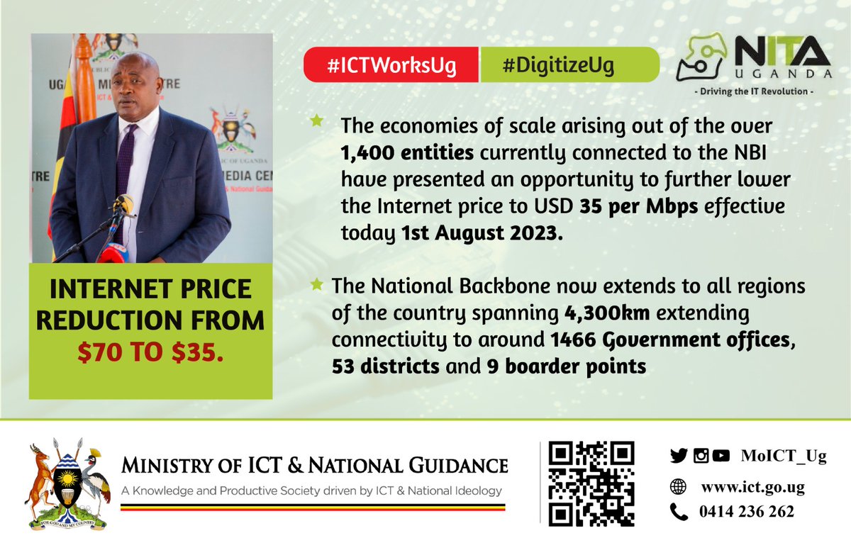 Hon. @CHRISBARYOMUNS1:  The use of the NBI as a secure highspeed network for the Government has led to lowering the cost of communication across Government. Government offices on the NBI will consume the internet at lower costs.
#ICTWorksUg #DigitizeUg