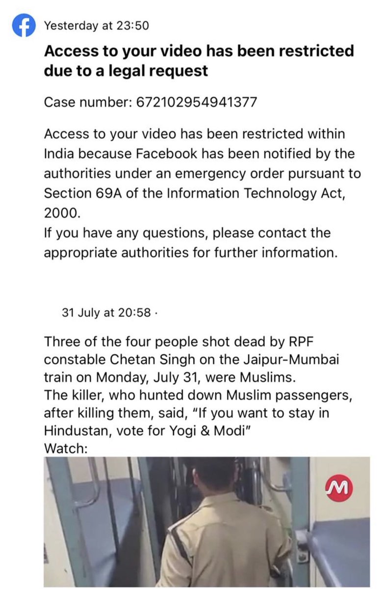 aslahtweets's tweet photo. . @MaktoobMedia ‘s tweet sharing a video of the recent train shootout against three Muslims, a tribal officer, was withheld in India under an emergency order pursuant to the IT Act.

There was no emergency order to prevent hate-based violence, apprehend the assailants, or stop this GENOCIDE.

Hate-based violence should be reported and documented accurately.

We were among the first media outlets to call this incident a targeted attack.

Journalism is not a crime