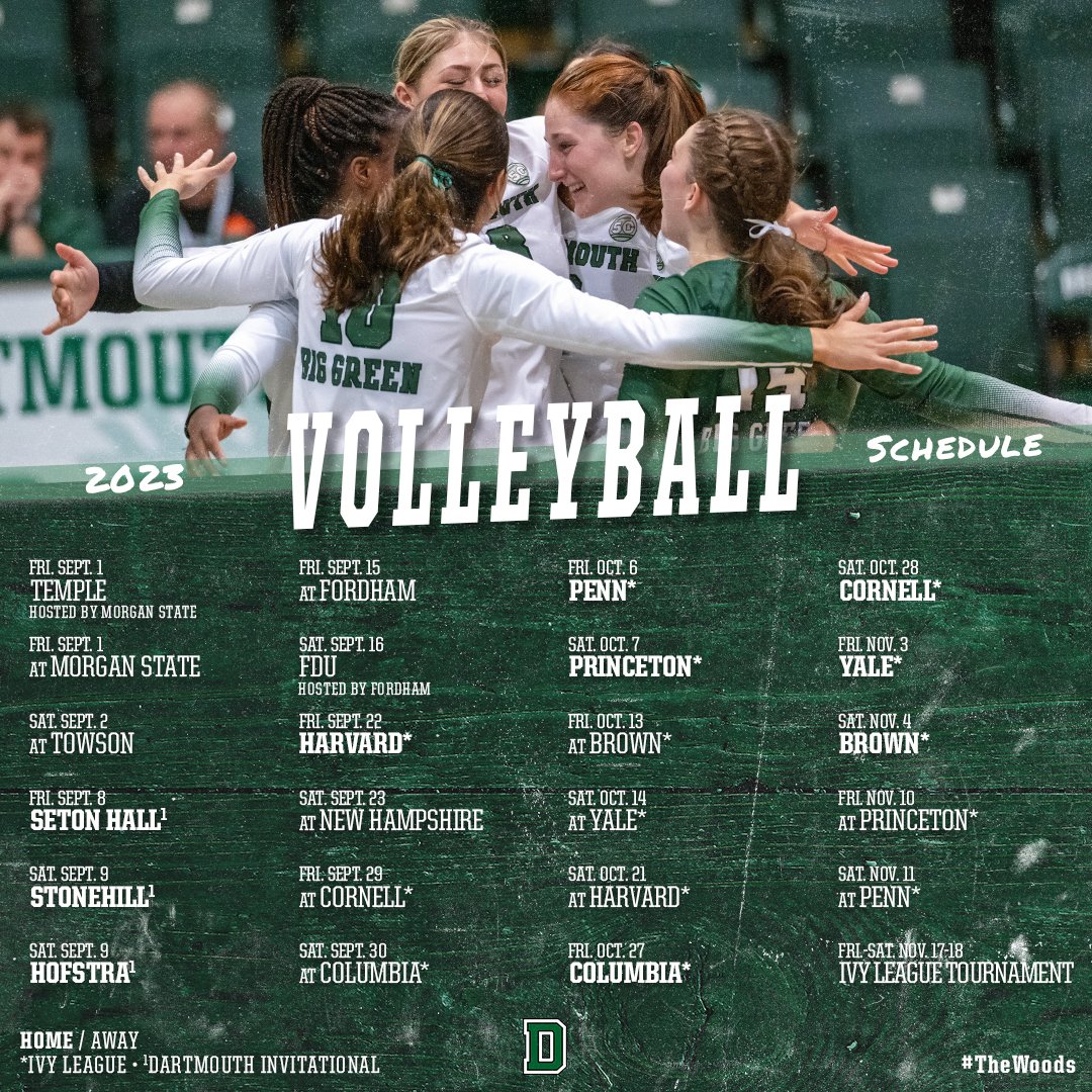 DartmouthVBall's tweet photo. 𝙈𝙖𝙧𝙠 𝙮𝙤𝙪𝙧 𝙘𝙖𝙡𝙚𝙣𝙙𝙖𝙧𝙨 🗓️

The 2023 schedule is here!

🔗: https://t.co/SnjQq0SQGL | #GoBigGreen https://t.co/wZdybwfeXD