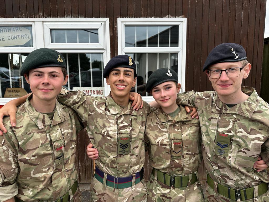 The four cap badges of the City and  County of Bristol and the Channel Islands Army Cadet Force. Royal Jersey Militia, Royal Guernsey Light Infantry, RIFLES, and the Royal Signals. One ACF family. #forfunandforfriendship