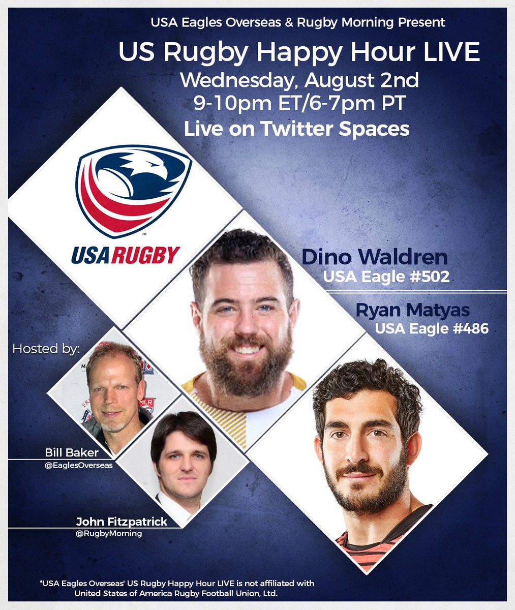 Retired @USARugby legends, @RyanMatyas1 & Dino Waldren, sit down in the US Rugby Happy Hour LIVE pub to talk about their careers, USA Rugby & more! I'm sure there will be some good stories! Join the chat LIVE! #TwitterSpaces ⏰ Wednesday, 9pm ET/6pm PT 📱twitter.com/i/spaces/1kvKp…