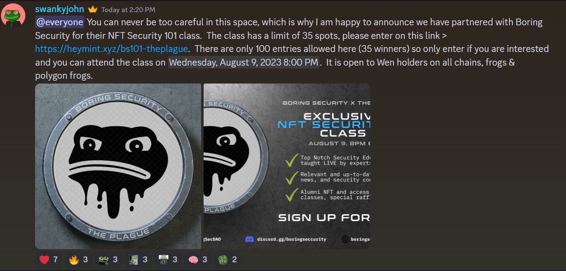 swankyjohnx's tweet photo. For those @ThePlagueNFT/ @Utility_Wen holders not on discord today because they are busy in replies or speculating about the wen release later.

We have an upcoming  NFT 101 security course for holders with @boringsecurity, if you are interested enter using the discord link https://t.co/05MeFMWmfk