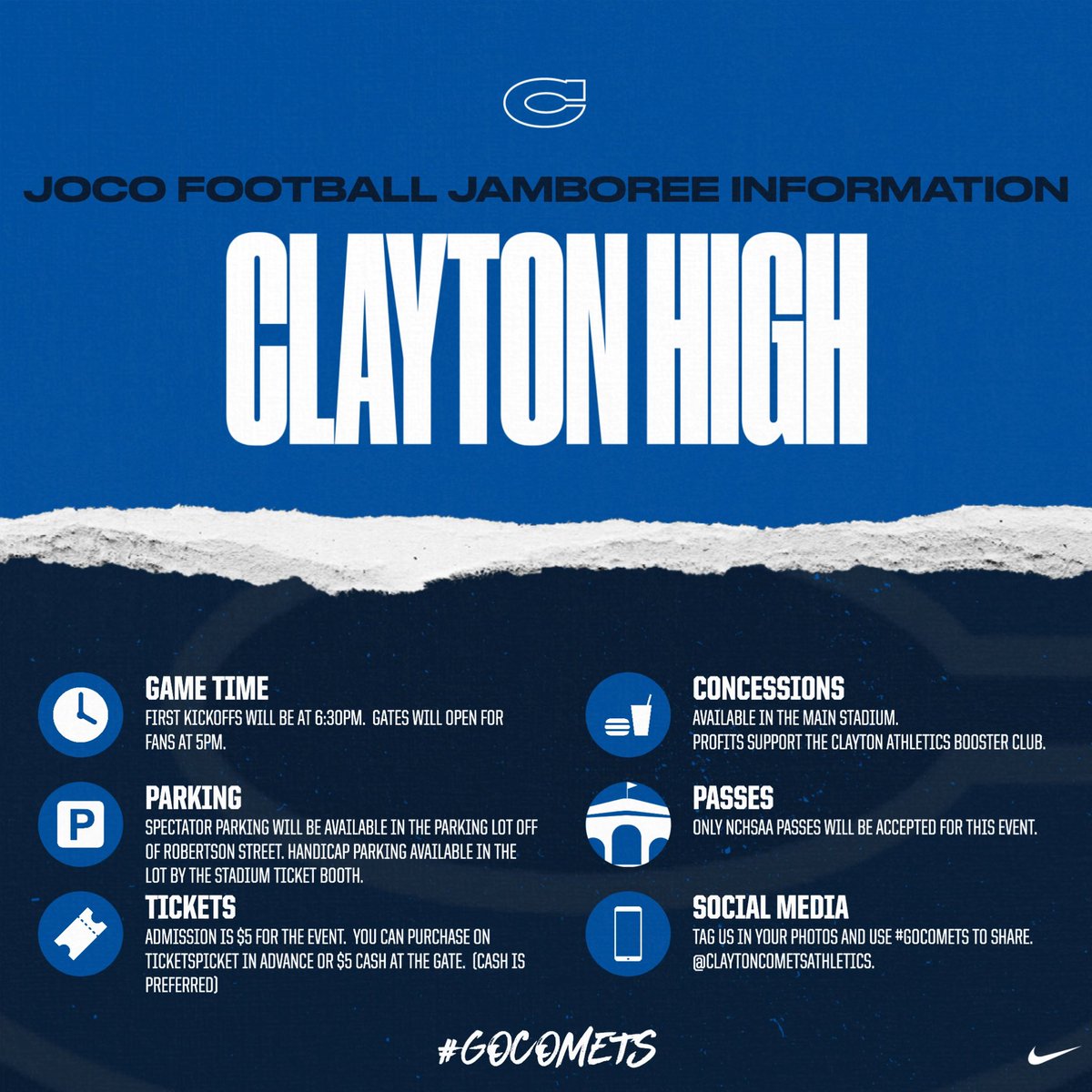 ClaytonCometsAD's tweet photo. We are excited to host the @JCPS_Athletics 🏈 Jamboree on August 9th starting at 6:30pm!  Here’s the schedule and fan information for the event!  Can’t wait to see you there!

@HighSchoolOT @ClaytonCometsFB @Clayton_Comets @ClaytonBoosters @CRNSports @WJG_Sports @TarRiverPreps https://t.co/Ch8aRBfizI