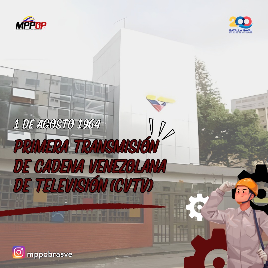 MPPOPOFICIAL (@mppop_oficial) on Twitter photo #1Ago 🇻🇪 Hace 59 años, salió al aire bajo el nombre de Cadena Venezolana de Televisión (CVTV). Primer canal que instaló una red de transmisión a nivel nacional televisiva en el país.
<a href="/NicolasMaduro/">Nicolás Maduro</a> <a href="/GRaulparedes/">Gral. Raúl Paredes</a> <a href="/VTVcanal8/">VTV CANAL 8</a>
#Efemérides
#VtvEsNuestroPana #SúperBigoteEnAcción #1Ago 🇻🇪 Hace 59 años, salió al aire bajo el nombre de Cadena Venezolana de Televisión (CVTV). Primer canal que instaló una red de transmisión a nivel nacional televisiva en el país.
<a href="/NicolasMaduro/">Nicolás Maduro</a> <a href="/GRaulparedes/">Gral. Raúl Paredes</a> <a href="/VTVcanal8/">VTV CANAL 8</a>
#Efemérides
#VtvEsNuestroPana #SúperBigoteEnAcción