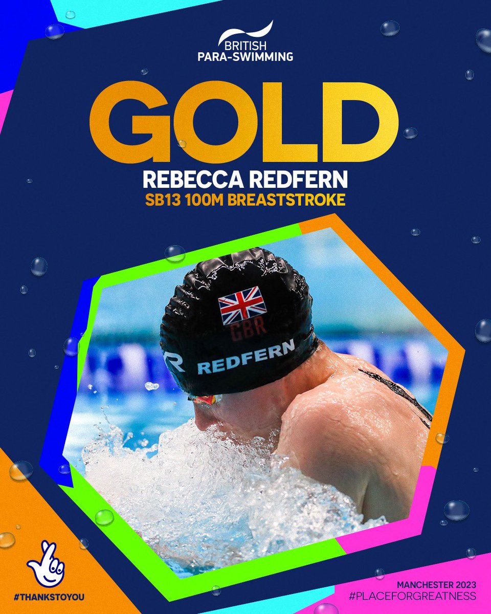 Aquatics_GB's tweet photo. Rebecca Redfern makes her mark on Manchester with a golden performance in the SB13 Women’s 100m Breaststroke🇬🇧🙌🥇

GB’s third gold of day 2️⃣!! 👏 https://t.co/MegFCXERjn
