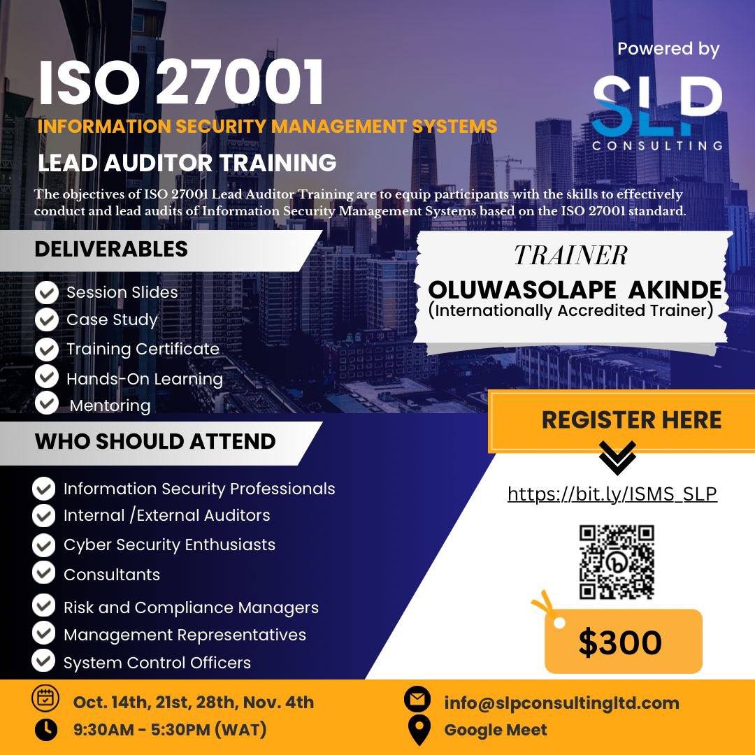 mr_sholape's tweet photo. For the cybersecurity auditors, systems control and GRC analysts, this ISO 27001 Lead Auditor training is for you. 

https://t.co/vNY3nDEVkT https://t.co/Xab3ubP9Hh