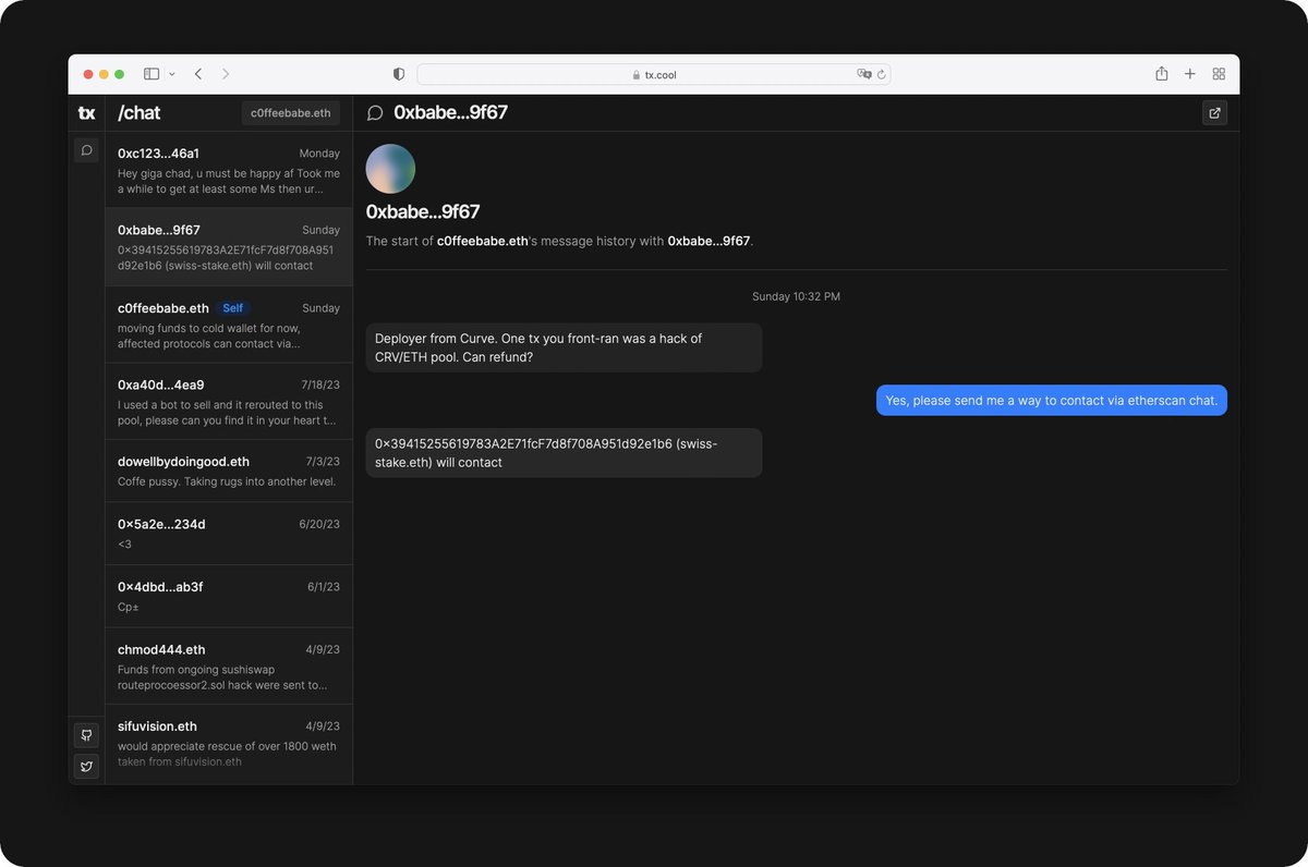 fiveoutofnine's tweet image. Introducing: tx.cool, UI/UX explorations of on-chain data

For the first exploration, I built an easy way to browse through on-chain messages with a familiar, chat-like interface: tx.cool/chat