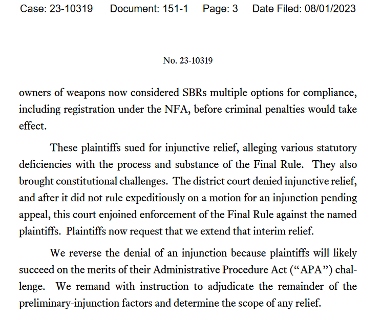 gunpolicy's tweet photo. FPC WIN: The Fifth Circuit has ruled that we are likely to win on the merits of our APA claim against the ATF's pistol brace rule, and has remanded the case to the district court with instructions to reconsider our motion for preliminary injunction: https://t.co/fCCmBeqt30 https://t.co/NYvn7pDB98
