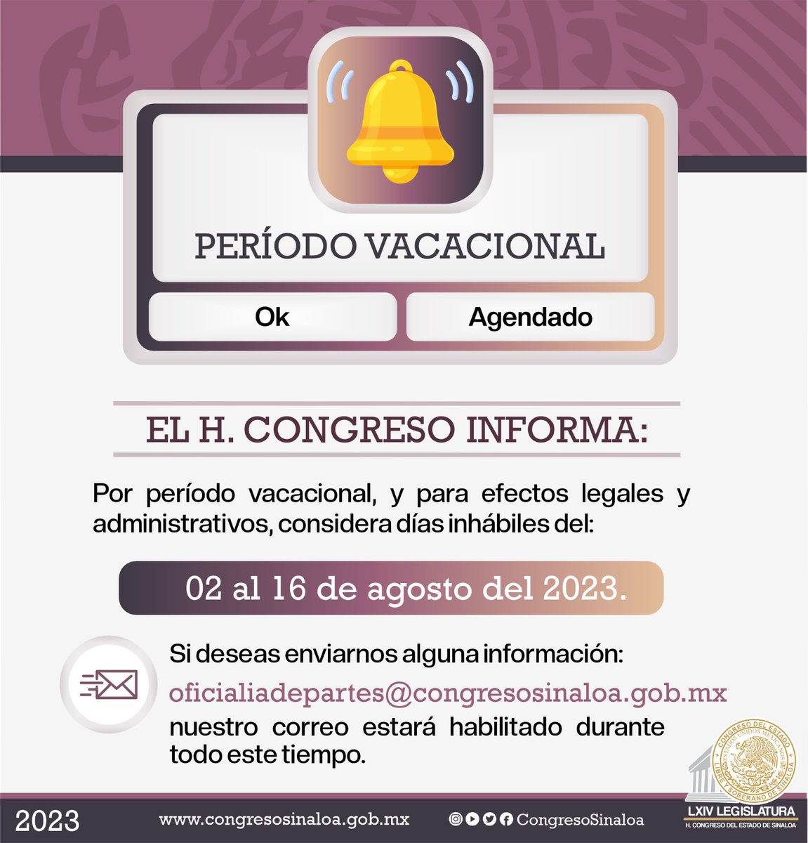 congresosinaloa's tweet photo. Atendiendo la Ley de los Trabajadores al Servicio del Estado, la Junta de Coordinación Política de este Poder Legislativo emitió Acuerdo autorizando el siguiente período vacacional de verano. https://t.co/ZydRueP6Ky