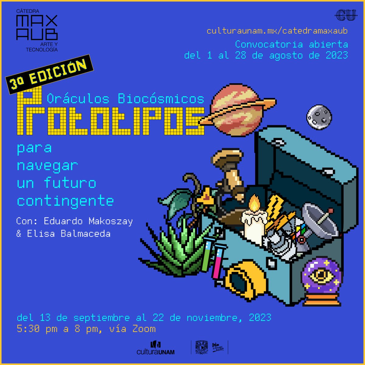 CatedraMaxAub's tweet photo. 🔮¡Ya en línea la #convocatoria para la 3a. edición del #LabPrototipos!
Oráculos biocósmicos busca la participación de personas de 18 a 30 años que quieran conocer obras de arte, textos y videos para la creación individual y colectiva de prototipos.
ℹ️https://t.co/vHsx8fyAeu https://t.co/OSXupjcvNj