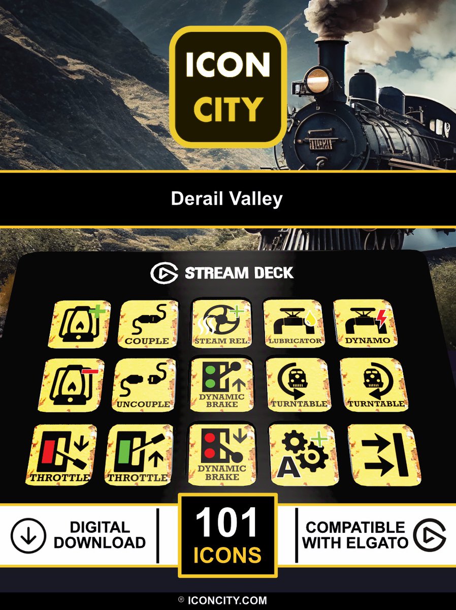 NEW for August! - Derail Valley - 101 iCons - 2 profiles for Elgato Stream Deck 15 &amp; 32 - BUY NOW > iconcity.com/i-con-city-sto… << #streamdeck #elgato #derailvalley #trainsim #iconcity #derail #valley #trains #sim #simulator