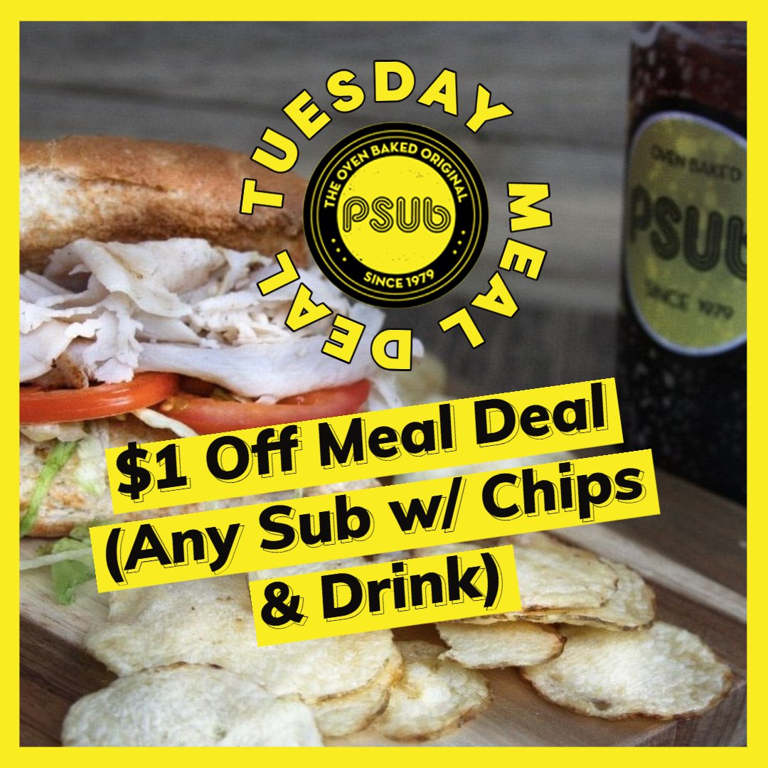 KXCVKRNW's tweet photo. @PSubMaryville has great deals every day.
Tuesday = $1 off Meal Deal (Any Sub w/chips &amp; drink)

#planetsub #ovenbakedgoodness😋 https://t.co/1cIVt7LJsJ