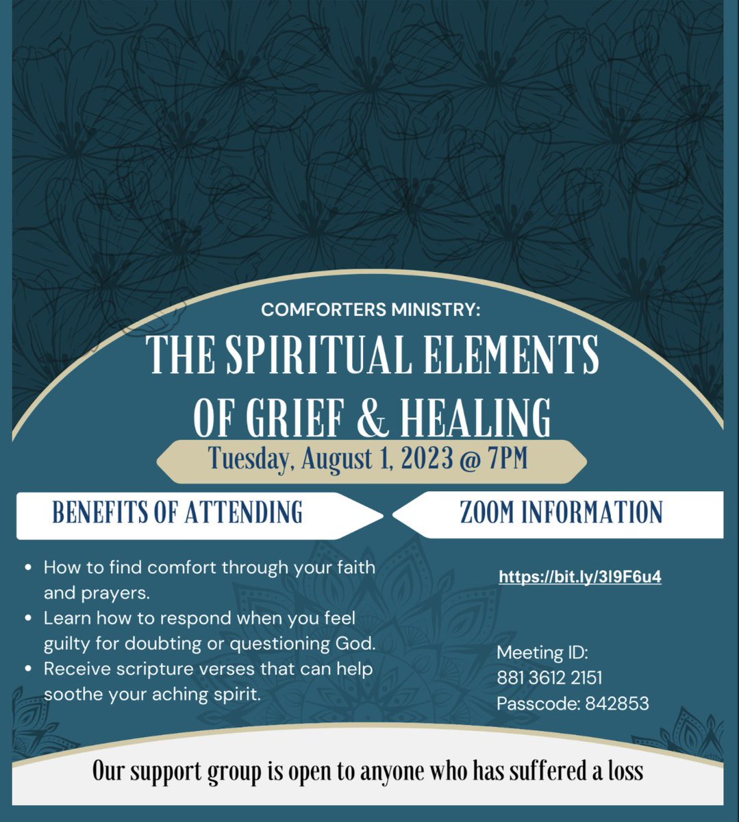 cscdaily's tweet photo. Join Us Tonight | August 1, 2023 for Our
Comforters’ Ministry meeting “The Spiritual Elements of Grief &amp; Healing”
We will be gathering on Zoom  @ 7:00pm. 
#The #Spiritual #Elements #of #Grief #and #Healing  #Tonight #at7pm #Love #Support  #ComfortersMinistry 🌃⛪️📖🙏🏾♥️💔 https://t.co/fda2S0smT6