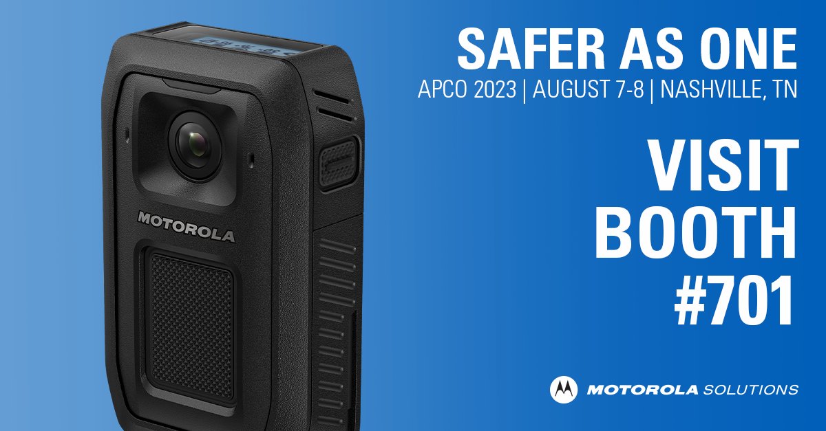 MotoSolutions's tweet photo. ⏰Get ready to experience our newest #tech live at #APCO2023! Stop by to see how the #V700, our newest LTE #BodyCamera, the #APX N line &amp; more, work together to empower connected responders, agencies &amp; communities to build stronger alliances. Register now: https://t.co/crzCCgWiOP https://t.co/aw19izsv7a