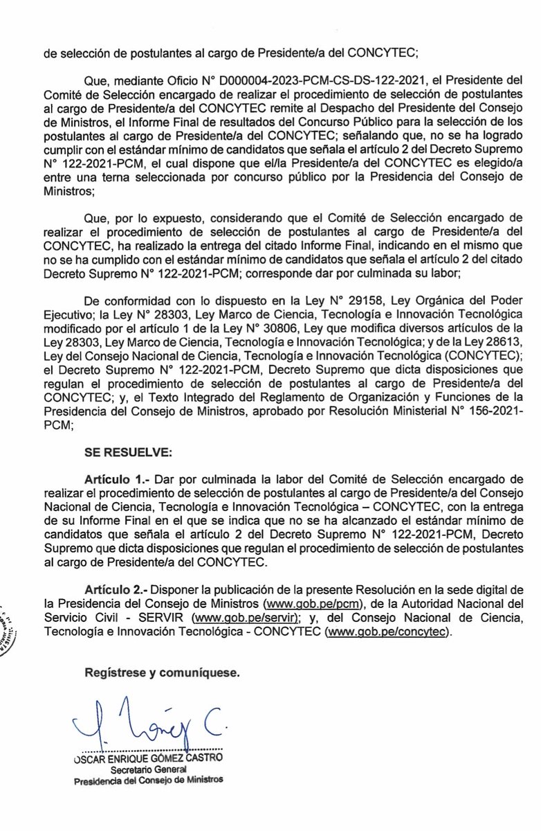 cientificospe's tweet photo. No tenemos presidente de @ConcytecPeru: "No se ha alcanzado el estándar mínimo  de candidatos que se señala el articulo 2 del Decreto Supremo N° 122-2021-PCM, Decreto Supremo que dicta disposiciones que regulan el procedimiento de selección de postulantes al cargo de Presidente" https://t.co/VRlD1y4gxx