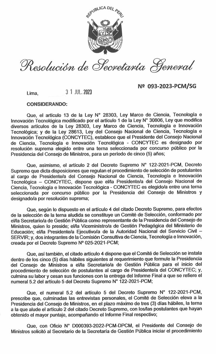 cientificospe's tweet photo. No tenemos presidente de @ConcytecPeru: "No se ha alcanzado el estándar mínimo  de candidatos que se señala el articulo 2 del Decreto Supremo N° 122-2021-PCM, Decreto Supremo que dicta disposiciones que regulan el procedimiento de selección de postulantes al cargo de Presidente" https://t.co/VRlD1y4gxx