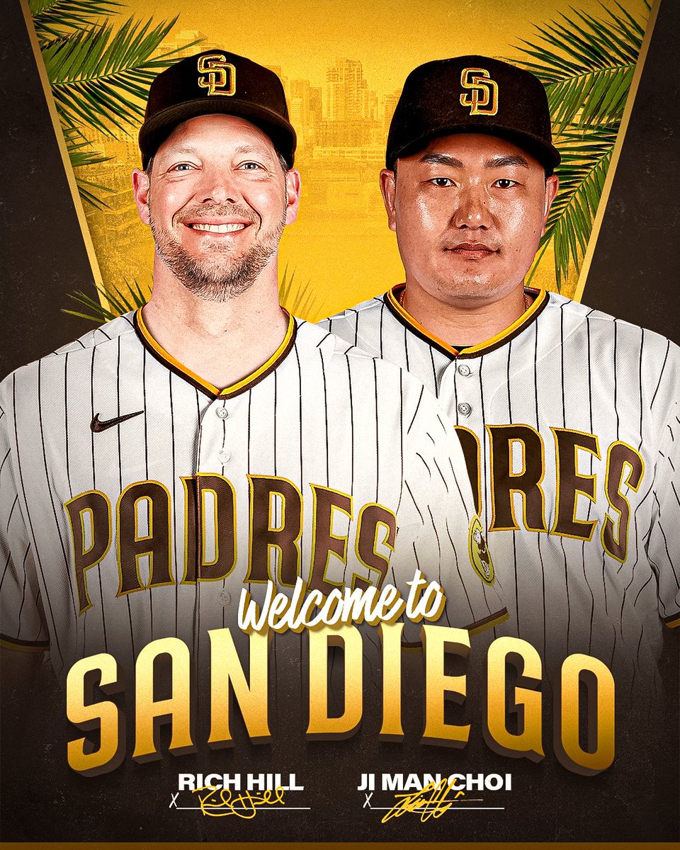Padres's tweet photo. Welcome to San Diego, Rich and Ji Man!

The #Padres have acquired LHP Rich Hill and 1B/DH Ji Man Choi from the Pirates. Details: https://t.co/4jfSKgOahE https://t.co/Fbu6TPgiru