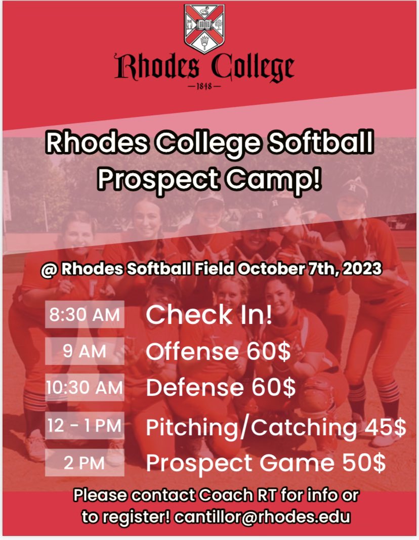RhodesSoftball's tweet photo. Rhodes Softball Prospect Camp! Hit up Coach RT for more information or to register!
#rhodessoftball #comegetseen #burntheships https://t.co/LhwLX0AiK2