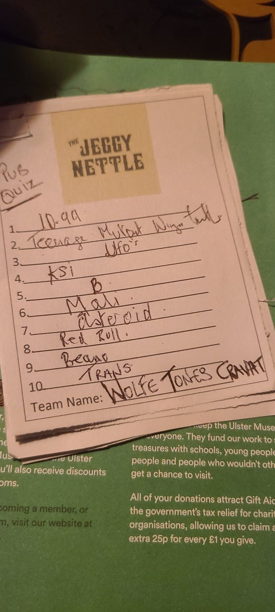 Seanofthesouth's tweet photo. Tonight's #PubQuiz at Sruthán Milis.
 #jeggynettle

'Wolfe Tones Cravat"... still in front...

#SweetStream #Stranmillis
@bradle https://t.co/JlcrP62GBc