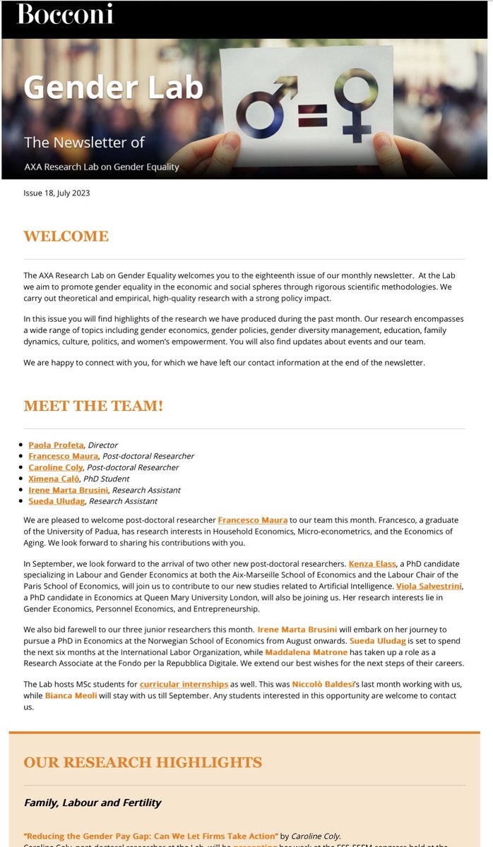 Updates from <a href="/AxaGenderLab/">AXA Research Lab on Gender Equality</a> <a href="/Unibocconi/">Università Bocconi</a> We continue our Research and Policy Analysis to reduce gender gaps in the economy and society. Have a nice summer break and stay tuned… new brilliant people and many initiatives coming soon!