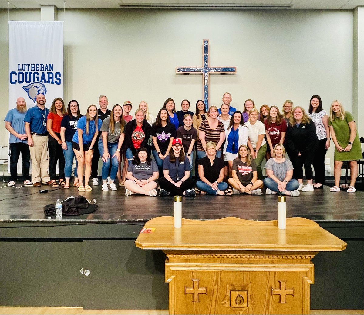 LutheranCougars's tweet photo. This morning, Lutheran High hosted the annual St. Charles County Lutheran Educators Conference. Over 200 attended, hi-lighted by 30+ LHS alums now serving in our association congregations and schools.  Following a devotion from Pastor Andrew Nelson from Chapel of the Cross, we heard an inspirational message from St. Charles County native Dan Meers, better known as the Kansas City Wolf!  

Dan shared a testimony of his 34 years as a Mascot for the Super Bowl Champion Kansas City Chiefs that has led him to numerous opportunities to share the Gospel with fans.  Dan challenged our educators to "Rise and Shine" each day proclaiming Jesus to our students.