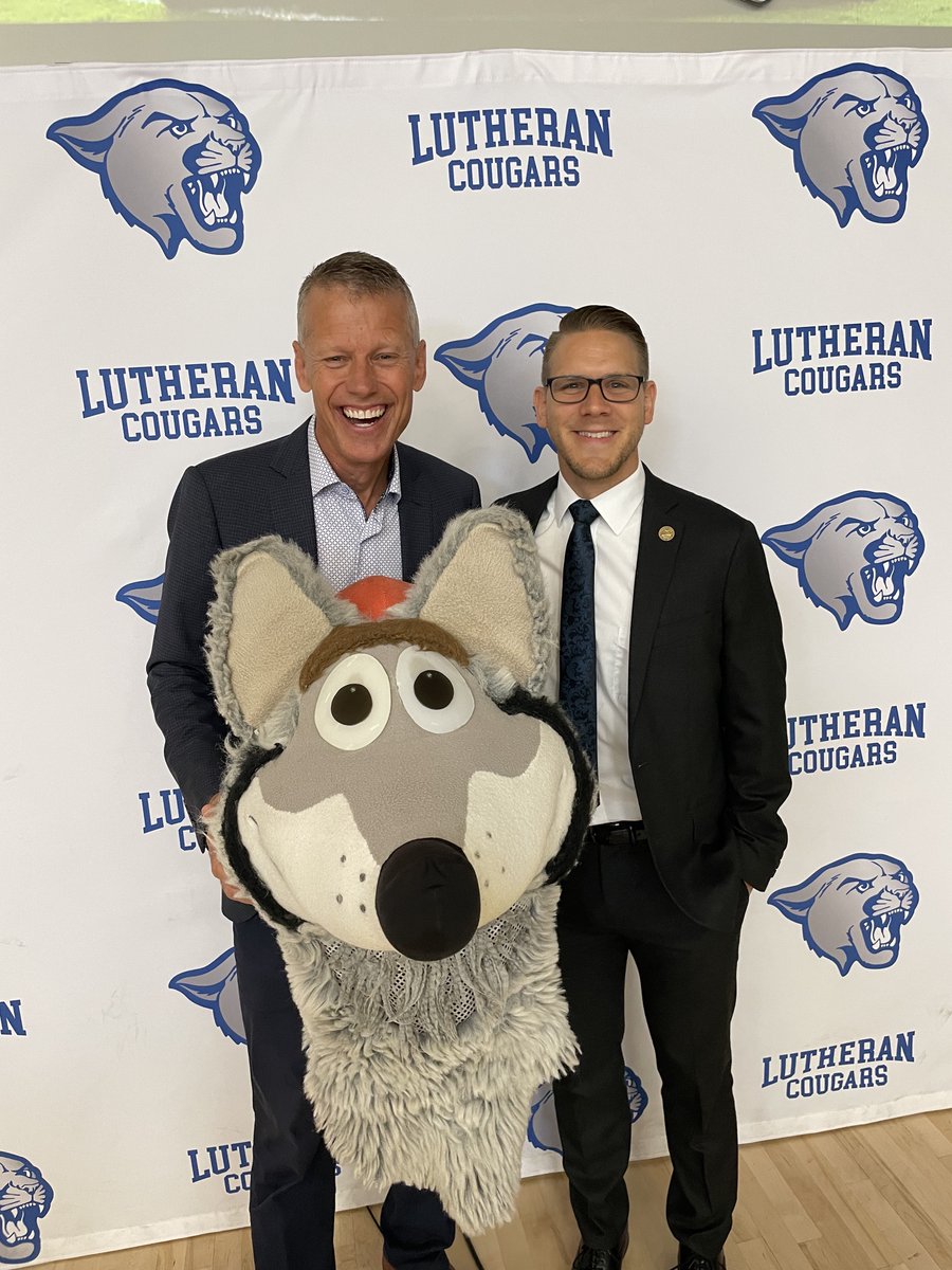 LutheranCougars's tweet photo. This morning, Lutheran High hosted the annual St. Charles County Lutheran Educators Conference. Over 200 attended, hi-lighted by 30+ LHS alums now serving in our association congregations and schools.  Following a devotion from Pastor Andrew Nelson from Chapel of the Cross, we heard an inspirational message from St. Charles County native Dan Meers, better known as the Kansas City Wolf!  

Dan shared a testimony of his 34 years as a Mascot for the Super Bowl Champion Kansas City Chiefs that has led him to numerous opportunities to share the Gospel with fans.  Dan challenged our educators to "Rise and Shine" each day proclaiming Jesus to our students.